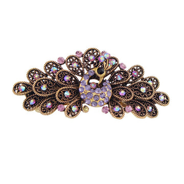 Antique Brass Rhinestone Peacock Hair Barrette Puple
